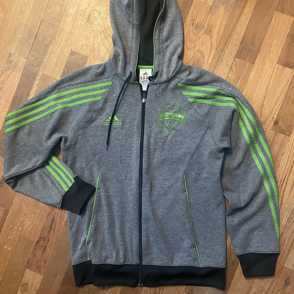 Adidas Seattle Sounders FC Full-Zip Hoodie - Gray/Rave Green - Men's Small